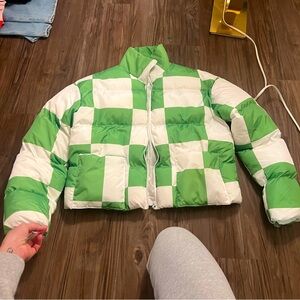 Pretty Little Thing NWT green checkered puffer coat